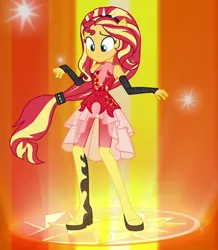 Size: 906x1038 | Tagged: safe, derpibooru import, screencap, sunset shimmer, equestria girls, equestria girls series, forgotten friendship, alternate hairstyle, clothes, cropped, dress, female, ponied up, solo, super ponied up, super sentai stance