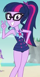 Size: 471x906 | Tagged: safe, derpibooru import, screencap, sci-twi, twilight sparkle, equestria girls, equestria girls series, forgotten friendship, adorasexy, beach, clothes, cropped, cute, female, geode of telekinesis, glasses, hand on hip, magical geodes, ocean, peace sign, rock horse, sand, sexy, sexy egghead, smiling, solo, solo focus, swimsuit, thighs