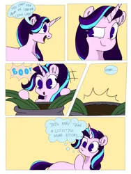 Size: 1024x1365 | Tagged: safe, artist:doodletheexpoodle, derpibooru import, starlight glimmer, pony, unicorn, comic:magic mayhem, comic, dialogue, hide and seek, parent:starlight glimmer, plant, solo