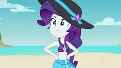 Size: 1920x1080 | Tagged: safe, derpibooru import, screencap, rarity, equestria girls, equestria girls series, forgotten friendship, belly button, bikini, bikini babe, bikini top, clothes, geode of shielding, hand on hip, hat, image, jewelry, magical geodes, midriff, necklace, png, raised eyebrow, sarong, solo, sun hat, swimsuit