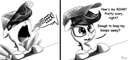 Size: 2000x943 | Tagged: safe, artist:chopsticks, derpibooru import, oc, oc:chopsticks, unofficial characters only, pegasus, pony, boop, clothes, cute, dark circles, dialogue, hat, male, monochrome, roar, solo, squeak, text