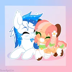 Size: 3000x3000 | Tagged: safe, artist:dreamyeevee, derpibooru import, oc, oc:baby cakes, oc:cobalt swift, bat pony, duo, eyes closed, flower