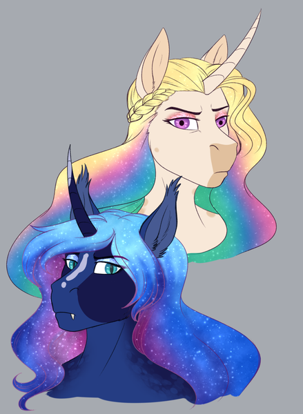 Size: 1397x1908 | Tagged: safe, artist:blackblood-queen, derpibooru import, princess celestia, princess luna, alicorn, anthro, bat pony, alternate design, alternate universe, curved horn, duo, ear fluff, ethereal mane, fangs, female, frown, horn, mare, multicolored mane, royal sisters, serious, siblings, simple background, sisters, slit eyes, species swap, starry mane