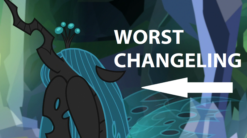 Size: 1280x718 | Tagged: abuse, background pony strikes again, blatant lies, changeling, changeling queen, chrysabuse, crysalis, derpibooru import, downvote bait, edit, edited screencap, female, ocellabuse, ocellus, op is wrong, queen chrysalis, sad, safe, screencap, what lies beneath, worst changeling, worst pony