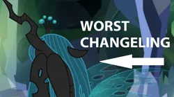 Size: 1280x718 | Tagged: abuse, background pony strikes again, blatant lies, changeling, changeling queen, chrysabuse, crysalis, derpibooru import, downvote bait, edit, edited screencap, female, ocellabuse, ocellus, op is wrong, queen chrysalis, sad, safe, screencap, what lies beneath, worst changeling, worst pony