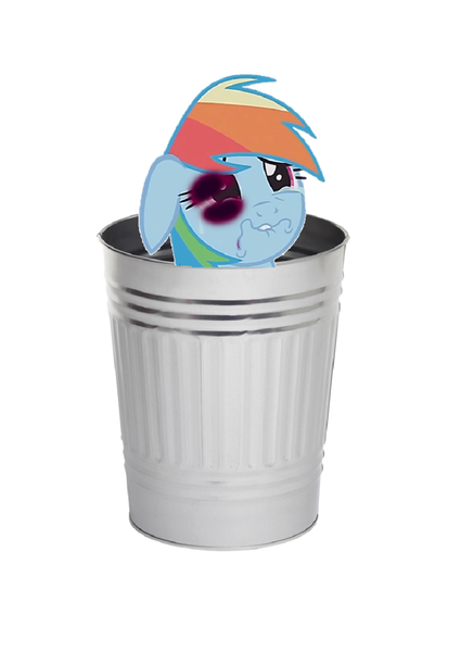 Size: 866x1224 | Tagged: abuse, abuse edit, background pony strikes again, black eye, crying, dashabuse, derpibooru import, downvote bait, edgy, edit, rainbow dash, rainbow trash, sad, semi-grimdark, simple background, trash can, white background