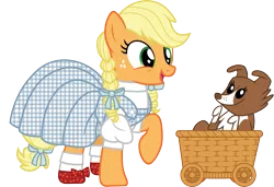 Size: 1169x800 | Tagged: safe, artist:cloudyglow, derpibooru import, applejack, winona, dog, earth pony, pony, basket, border collie, clothes, cosplay, costume, cute, dorothy, duo, duo female, female, jackabetes, mare, simple background, smiling, the wizard of oz, transparent background, unmoving plaid, winonabetes