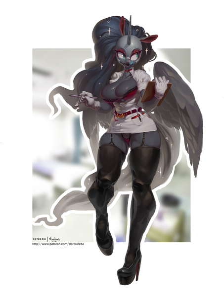 Size: 3711x4912 | Tagged: questionable, artist:derekireba, derpibooru import, nightmare moon, alicorn, anthro, plantigrade anthro, belt, breasts, choker, cleavage, clipboard, clothes, eyeshadow, female, gloves, high heels, licking, licking lips, makeup, nurse, panties, pen, platform heels, shoes, socks, solo, solo female, thigh highs, tongue out, underwear