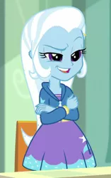 Size: 372x592 | Tagged: safe, derpibooru import, screencap, trixie, a little birdie told me, equestria girls, equestria girls series, clothes, cropped, crossed arms, cute, diatrixes, female, hoodie, lidded eyes, raised eyebrow, skirt, solo