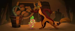 Size: 1920x804 | Tagged: abyssinian, anthro, capper dapperpaws, cat, chest fluff, claws, clothes, coat, derpibooru import, dragon, jacket, male, my little pony: the movie, paws, pot, safe, scared, screencap, spike, tail, tentacles