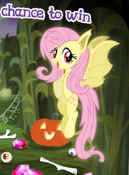 Size: 334x453 | Tagged: safe, derpibooru import, fluttershy, bat pony, bat ponified, bone, flutterbat, gameloft, halloween, holiday, jack-o-lantern, meme, nightmare night, pumpkin, race swap, solo, text, wow! glimmer