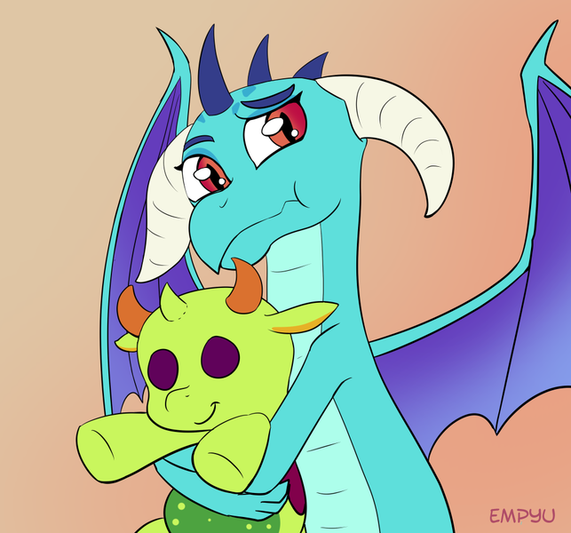 Size: 1000x933 | Tagged: artist:empyu, changedling, changeling, crush plush, cute, derpibooru import, dragon, dragoness, emberbetes, female, implied embrax, implied shipping, implied straight, king thorax, plushie, princess ember, safe, simple background, snuggling, solo, :t, thorax