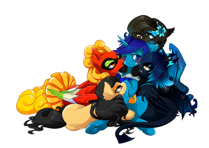 Size: 4961x3508 | Tagged: suggestive, artist:arctic-fox, derpibooru import, oc, oc:cytheria, oc:ho-oh, oc:light shine, oc:shadow melody, oc:terra, ponified, unofficial characters only, bat pony, earth pony, monster pony, pegasus, poképony, pony, unicorn, bat pony oc, bat wings, blushing, clothes, commission, cythight, fangs, female, hoodie, male, mare, pokémon, simple background, slit eyes, snuggling, spiky tail, stallion, transparent background, wings