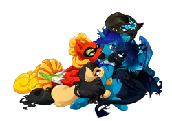 Size: 4961x3508 | Tagged: suggestive, artist:arctic-fox, derpibooru import, oc, oc:cytheria, oc:ho-oh, oc:light shine, oc:shadow melody, oc:terra, ponified, unofficial characters only, bat pony, earth pony, monster pony, pegasus, poképony, pony, unicorn, bat pony oc, bat wings, blushing, clothes, commission, cythight, fangs, female, hoodie, male, mare, pokémon, simple background, slit eyes, snuggling, spiky tail, stallion, transparent background, wings
