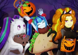 Size: 2961x2094 | Tagged: safe, artist:villaincorner, derpibooru import, adagio dazzle, aria blaze, sonata dusk, equestria girls, animal costume, bedsheet ghost, candy, cat costume, clothes, costume, eyes closed, fangs, female, food, ghost costume, halloween, halloween costume, holiday, jack-o-lantern, night, pumpkin, pumpkin bucket, smiling, sonataco, taco, taco costume, the dazzlings, trick or treat