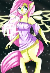 Size: 1280x1864 | Tagged: anthro, artist:lucaaegus, derpibooru import, flight, fluttershy, glow, glowing wings, night, purple, safe, wings