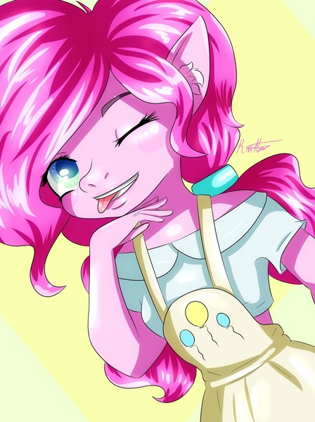 Size: 1280x1714 | Tagged: safe, artist:lucaaegus, derpibooru import, pinkie pie, anthro, clothes, cute, one eye closed, overalls, pink, pinkie winkie, selfie, wink