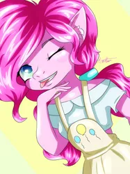 Size: 1280x1714 | Tagged: safe, artist:lucaaegus, derpibooru import, pinkie pie, anthro, clothes, cute, one eye closed, overalls, pink, pinkie winkie, selfie, wink