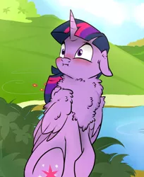 Size: 638x782 | Tagged: safe, artist:rutkotka, derpibooru import, edit, twilight sparkle, twilight sparkle (alicorn), alicorn, pony, :i, adorkable, blushing, chest fluff, cropped, cute, dork, embarrassed, floppy ears, fluffy, pond, ruffled feathers, scenic background, twiabetes, weapons-grade cute