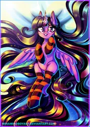 Size: 2893x4092 | Tagged: safe, artist:minamikoboyasy, derpibooru import, twilight sparkle, twilight sparkle (alicorn), alicorn, pony, bed, clothes, female, glowing horn, horn, looking at you, lying down, magic, mare, socks, solo, striped socks