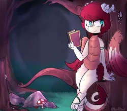 Size: 1975x1727 | Tagged: artist:urbanqhoul, bird, book, claws, crossed legs, derpibooru import, dracaven, dragon, feather, forest, green eyes, horn, large wings, leaning, mischievous, mushroom, oc, oc:eri rebecula, original species, red hair, safe, solo, tail, tree, unofficial characters only, vine, wings