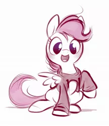 Size: 1877x2177 | Tagged: artist:imalou, clothes, cute, cutealoo, derpibooru import, female, filly, happy, hoodie, meme, monochrome, open-chest hoodie, open mouth, partial color, safe, scootaloo, smiling, solo, sweater