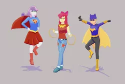 Size: 1500x1000 | Tagged: apple bloom, artist:jongoji245, batgirl, crossover, cutie mark crusaders, derpibooru import, female, human, humanized, safe, scootaloo, super best friends forever, supergirl, sweetie belle, trio, trio female, wonder girl