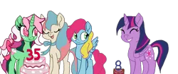 Size: 1280x536 | Tagged: safe, artist:mjangelvortex, derpibooru import, eve (g2), fizzy, thistle whistle, twilight sparkle, twilight sparkle (alicorn), alicorn, earth pony, pegasus, pony, twinkle eyed pony, unicorn, 35th anniversary, bow, cake, digital art, eve, eyes closed, food, g1, g2, g3, g4, happy, happy birthday mlp:fim, mlp fim's eighth anniversary, neck bow, ribbon, simple background, smiling, tail bow, transparent background