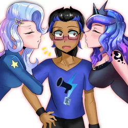 Size: 600x600 | Tagged: safe, artist:tzc, derpibooru import, princess luna, trixie, oc, human, breasts, busty princess luna, canon x oc, clothes, commission, cute, dress, eyes closed, female, hoodie, humanized, humanized oc, imminent kissing, lucky bastard, male, pants, shipping, shirt, straight