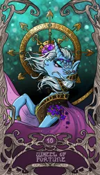 Size: 822x1425 | Tagged: safe, artist:sourcherry, derpibooru import, trixie, pony, unicorn, clothes, flower, jewelry, lidded eyes, major arcana, makeup, modern art, nouveau, smiling, tarot, tarot card, wheel, wheel of fortune