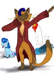 Size: 1000x1400 | Tagged: abyssinian, annoyed, anthro, artist:horsesplease, capper dapperpaws, clothes, coat, dab, derpibooru import, disappointed, drunk, exploitable meme, flag, gallus, i didn't listen, image macro, loss (meme), male, meme, my little pony: the movie, paint tool sai, party favor, pun, safe, upset