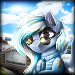 Size: 2000x2000 | Tagged: safe, artist:thefunnysmile, derpibooru import, oc, oc:falling skies, pegasus, pony, belt, blurry, bust, clothes, glasses, gun, lens flare, looking at you, police, police uniform, portrait, solo, sunglasses, weapon