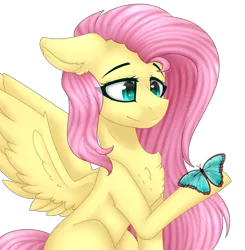 Size: 2342x2391 | Tagged: safe, artist:kremciakay, derpibooru import, fluttershy, butterfly, pegasus, pony, chest fluff, female, hoof hold, looking at something, mare, simple background, sitting, smiling, solo, spread wings, transparent background, wings