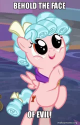 Size: 500x783 | Tagged: safe, derpibooru import, edit, edited screencap, screencap, cozy glow, pegasus, pony, school raze, caption, cozy glow is best facemaker, cozybetes, cropped, cute, evil, face of evil, female, filly, foal, image macro, meme, pure unfiltered adorable evil, rearing, solo, text
