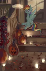 Size: 1152x1780 | Tagged: safe, artist:xjenn9, derpibooru import, rainbow dash, pegasus, pony, cyrillic, female, halloween, holiday, jack-o-lantern, mare, pumpkin, russian, sitting, solo, speech bubble