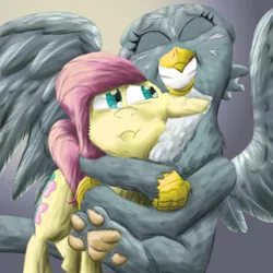 Size: 1584x1584 | Tagged: safe, artist:firefanatic, derpibooru import, fluttershy, gabby, gryphon, pony, :i, adorable distress, big grin, chest fluff, concerned, cute, gabbybetes, grin, hug, paws, smiling, spread wings, underpaw, wings