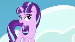 Size: 640x360 | Tagged: safe, derpibooru import, screencap, starlight glimmer, pony, unicorn, the cutie re-mark, antagonist, cloud, cutie mark, female, horn, lidded eyes, mare, on a cloud, open mouth, s5 starlight, sky, solo, standing on cloud, villian
