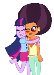 Size: 1600x2207 | Tagged: safe, artist:bigpurplemuppet99, derpibooru import, saffron masala, twilight sparkle, equestria girls, afro, blushing, female, hug, lesbian, shipping, simple background, transparent background, twiffron