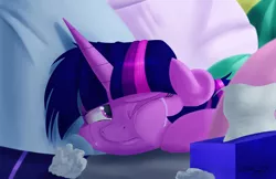 Size: 1851x1200 | Tagged: safe, artist:mcmeg29, derpibooru import, twilight sparkle, twilight sparkle (alicorn), alicorn, pony, school daze, bed, crying, depressed, female, mare, one eye closed, one eye open, pillow, pouting, scene interpretation, solo, squishy cheeks, sulking, tissue, tissue box