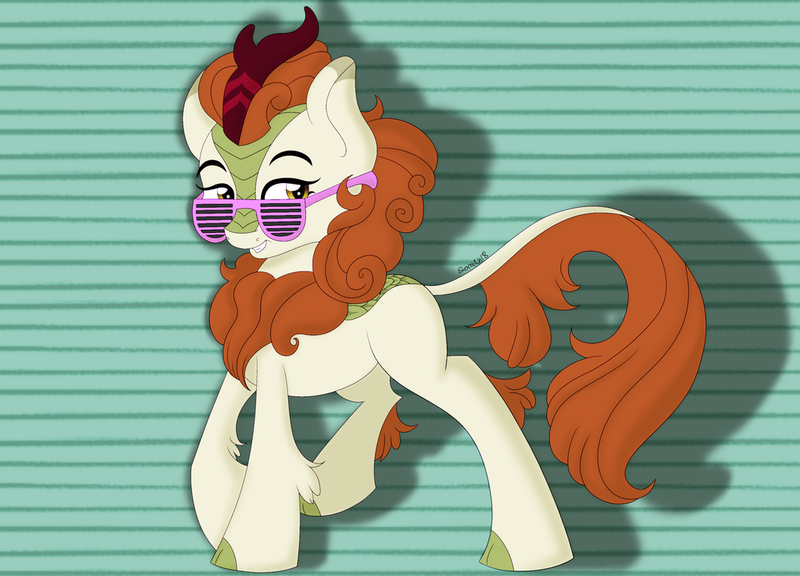 Size: 1024x737 | Tagged: abstract background, artist:theartistsora, autumn blaze, derpibooru import, female, kirin, looking at you, safe, shadow, solo, sounds of silence, sunglasses