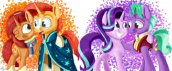 Size: 2389x996 | Tagged: safe, artist:mcmeg29, derpibooru import, firelight, starlight glimmer, stellar flare, sunburst, pony, unicorn, the parent map, father and child, father and daughter, female, male, mare, mother and child, mother and son, smiling, stallion