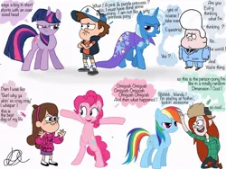 Size: 1024x768 | Tagged: derpibooru import, dipper pines, gideon gleeful, gravity falls, mabel pines, pinkie pie, rainbow dash, safe, text, trixie, twilight sparkle, wendy corduroy