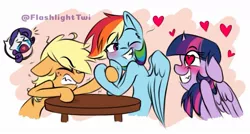 Size: 1219x655 | Tagged: safe, artist:flashlighttwi, derpibooru import, applejack, rainbow dash, rarity, twilight sparkle, twilight sparkle (alicorn), alicorn, earth pony, pegasus, pony, unicorn, crying, cute, dashabetes, female, heart, heart eyes, hoofwrestle, jackabetes, lesbian, one eye closed, raribetes, rarijack, shipping, table, twiabetes, twidash, wingding eyes