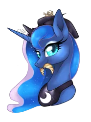 Size: 571x769 | Tagged: safe, artist:alissa1010, derpibooru import, princess luna, alicorn, pony, snail, beret, bread, croissant, cute, ethereal mane, female, food, french, hat, looking at you, mare, simple background, starry mane, transparent background, vector
