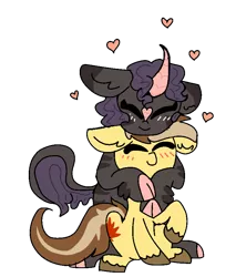 Size: 732x859 | Tagged: safe, artist:nootaz, derpibooru import, oc, oc:dazzling flash, oc:maple syrup, unofficial characters only, changeling, hybrid, kirin, pegasus, pony, zebra, blushing, changeling oc, couple, disguise, disguised changeling, duo, female, heart, hug, kirin oc, male, mapling, mare, oc x oc, purple changeling, shipping, simple background, stallion, straight, transparent background, two color hair, two colour hair, zebra oc