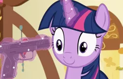 Size: 341x220 | Tagged: semi-grimdark, derpibooru import, edit, edited screencap, screencap, twilight sparkle, pony, unicorn, c:, cute, female, grimcute, gun, handgun, imminent suicide, implied suicide, levitation, magic, mare, pistol, reaction image, smiling, solo, telekinesis, twiabetes, unicorn twilight, weapon, wide eyes