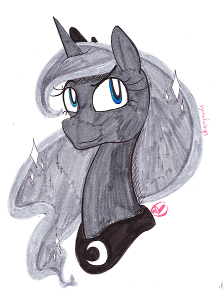 Size: 595x800 | Tagged: artist:ryuredwings, bust, derpibooru import, inktober, looking at you, portrait, princess luna, safe, solo