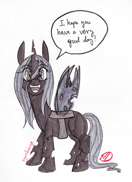 Size: 580x800 | Tagged: artist:ryuredwings, changeling, changeling queen, cute, cutealis, derpibooru import, dialogue, female, filly, filly queen chrysalis, looking at you, nymph, positive message, queen chrysalis, safe, signature, simple background, solo, white background, younger