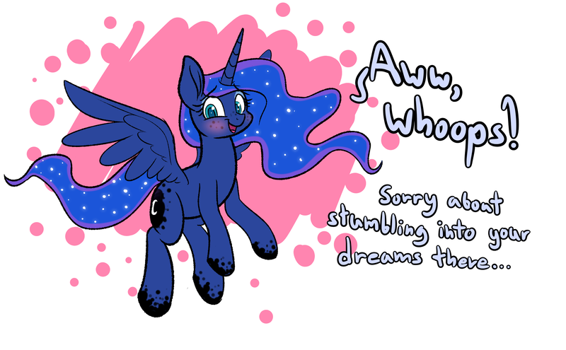 Size: 2100x1300 | Tagged: safe, artist:heir-of-rick, derpibooru import, princess luna, alicorn, pony, abstract background, blushing, dialogue, dream walker luna, female, freckles, looking at you, mare, solo