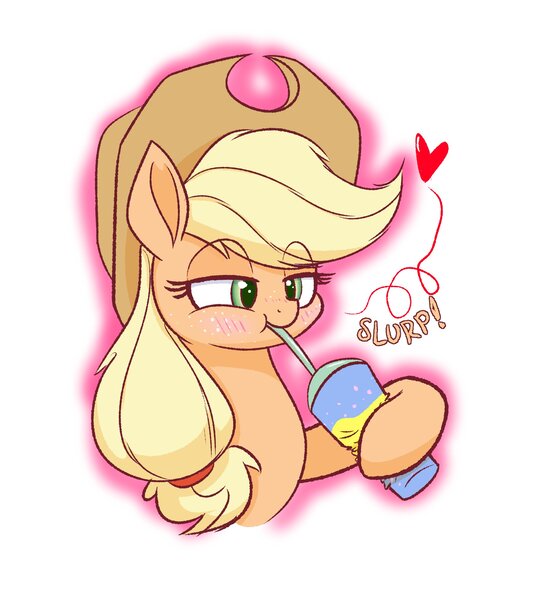 Size: 1800x2000 | Tagged: safe, artist:heir-of-rick, derpibooru import, applejack, earth pony, pony, blushing, bust, cowboy hat, cute, drink, drinking, drinking straw, female, freckles, hat, heart, hoof hold, jackabetes, mare, onomatopoeia, simple background, slurp, slurpee, slushie, solo, stetson, white background